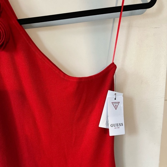 Guess Women’s One Shoulder Red ribbed dress with rosette - Picture 4 of 7
